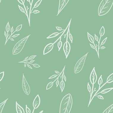 seamless pattern with white outline branches and leaves on minty green background. Doodle pattern. Spring/ summer print. Packaging, wallpaper, textile, fabric design
