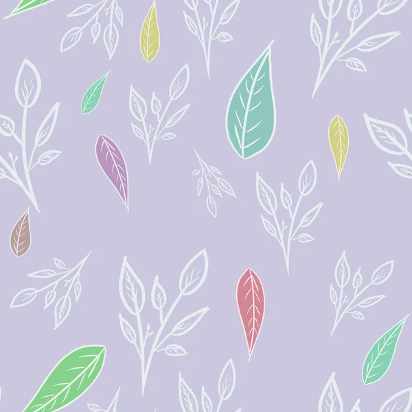 Seamless Pattern Multicolored Leaves White Branches Lilac Background Summer Spring — Zdjęcie stockowe