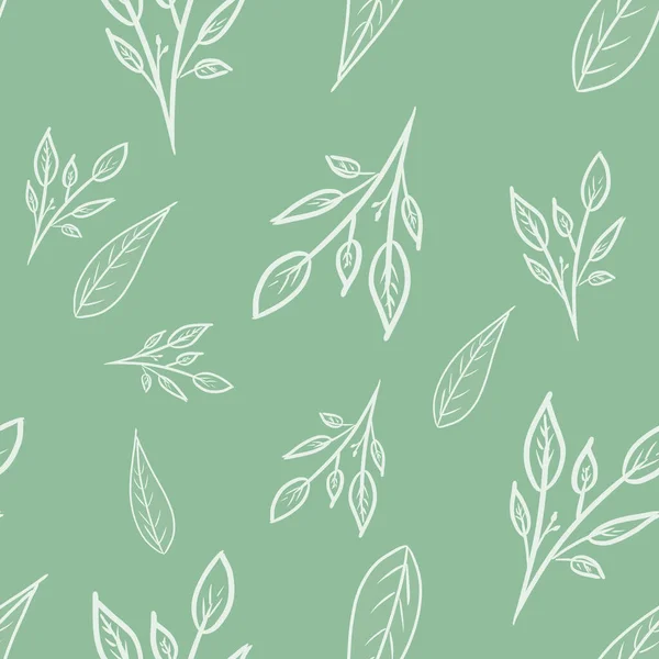 Seamless Pattern White Outline Branches Leaves Minty Green Background Doodle — Zdjęcie stockowe