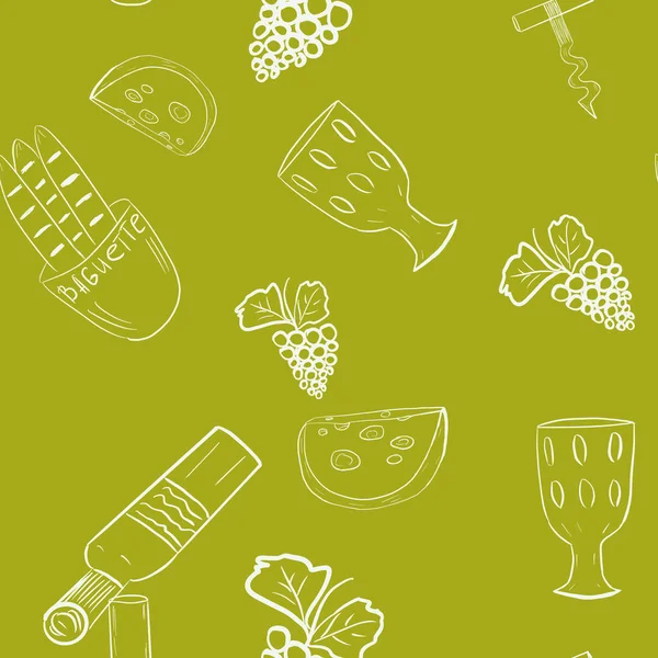 Seamless Pattern White Wine Bottle Glass Cheese Bread Grapes Corkscrew — Stock Photo, Image
