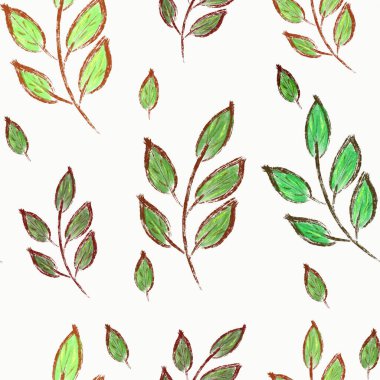 Yeşil ve kahverengi dalları ve beyaz arka planda yaprakları olan kusursuz botanik deseni. Bahar / yaz döngüsü. Moda baskısı, ambalaj, duvar kağıdı, tekstil, kumaş tasarımı