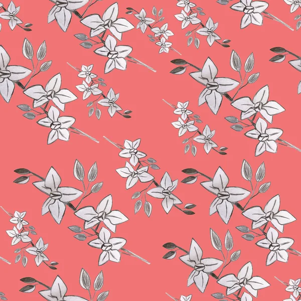 red seamless pattern with white orchids. Floral pattern. Pencil hand drawing. Packaging design, wallpaper design, textile and fabric design