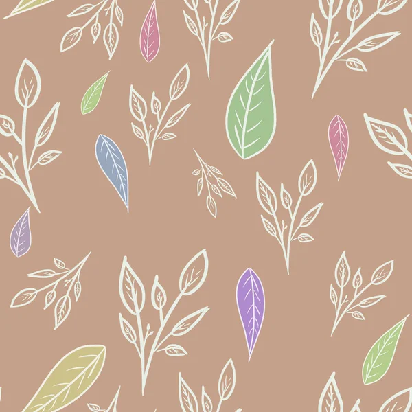 Seamless Pattern White Outline Branches Multicolored Leaves Beige Brown Background — Zdjęcie stockowe