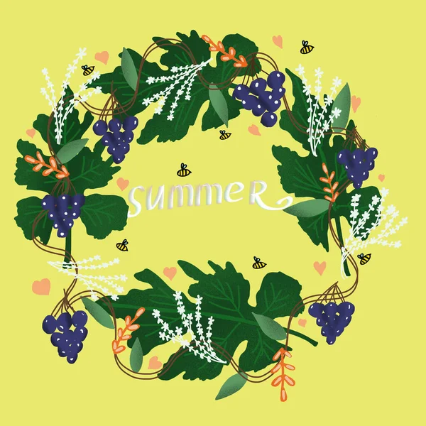 Summer Wreath Grapes Multicolored Leaves Flowers Bees Summer Lettering Floral — Stock Photo, Image
