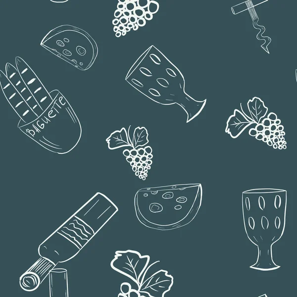 Seamless pattern with wine, bottle, glasses, grapes, bread, cheese on dark blue background. Menu design. Wine industry print. Packaging, wallpaper, textile design. Outline, doodle