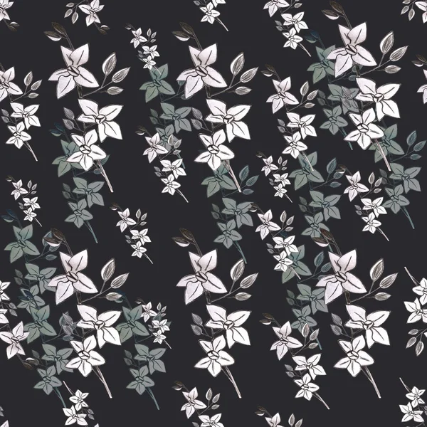 Padrão Floral Sem Costura Com Orquídeas Fundo Preto Desenho Lápis — Fotografia de Stock