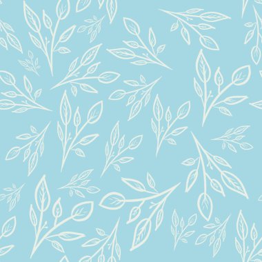 seamless pattern with white branches and leaves on blue background. Spring/summer pattern. Print, packaging, wallpaper, textile, fabric design