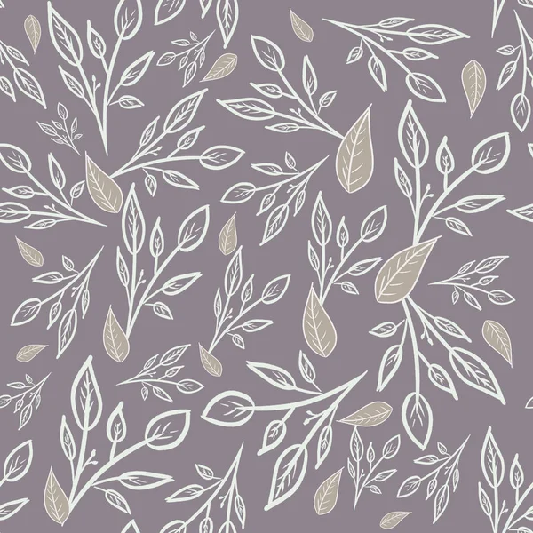 Seamless Pattern White Branches Grey Leaves Grey Background Doodle Style — Stock Photo, Image