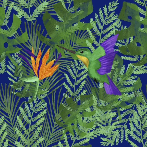 Бесшовный Рисунок Оранжевой Стрелицей Акварелью Зеленых Колибри Тропических Листьях Темно — стоковое фото