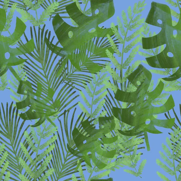 background with green tropical leaves. Seamless pattern. Monstera, palm leaves, fern, banana leaves. Print, fabric design. 