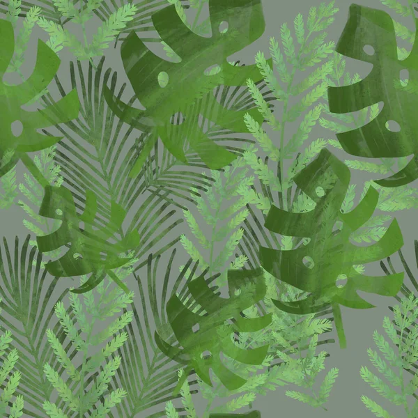 Monstera, fern, palm leaf, banana leaf. seamless pattern with green tropical leaves on grey background. Drawing. Summer print, packaging, wallpaper, textile, fabric design