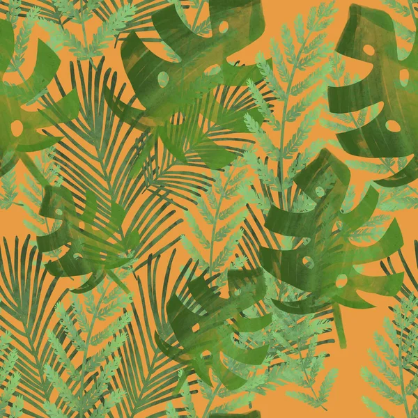 seamless pattern with exotic green tropical leaves on orange background. Summer design. Beach print, packaging, wallpaper, textile, fabric design. 