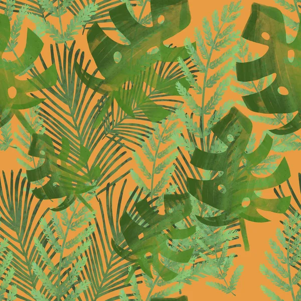 seamless pattern with exotic green tropical leaves on orange background. Summer design. Beach print, packaging, wallpaper, textile, fabric design.