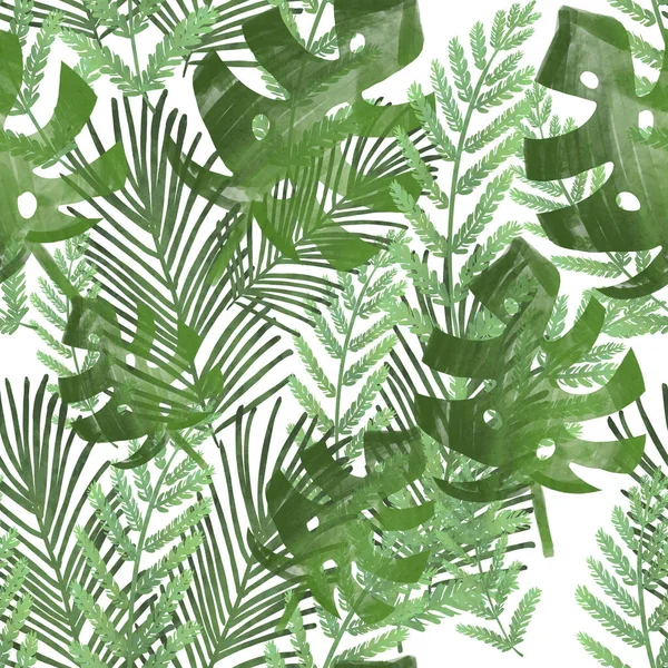Seamless pattern with tropical green leaves on white background. Fern, monstera, palm leaves. Jungle pattern. Print, packaging, wallpaper, textile, fabric design