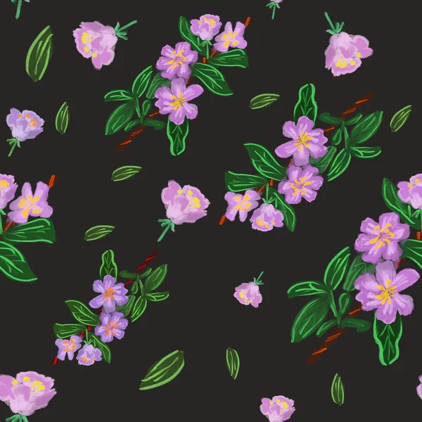 黒い背景に水色のリンゴの花 枝や葉 エレガントなシームレスなパターン テキスタイル ファブリックデザイン — ストック写真
