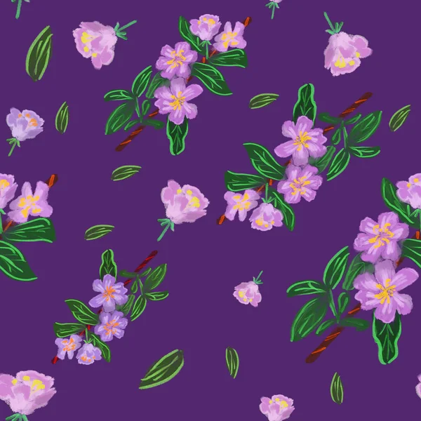 seamless pattern with pink apple flowers, leaves and branches on violet background. Elegant spring print. Packaging, wallpaper, textile, postcard design