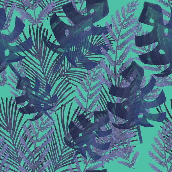 Seamless Pattern Blue Tropical Leaves Neon Blue Background Palm Leaves — Stok fotoğraf