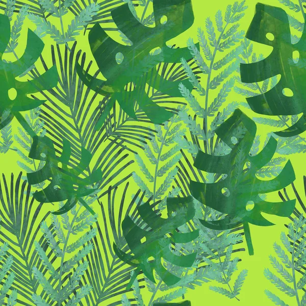 Padrão Sem Costura Com Folhas Tropicais Verdes Fundo Verde Néon — Fotografia de Stock