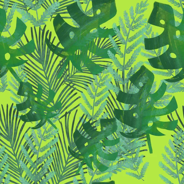 Seamless pattern with green tropical leaves on neon green background. Exotic summer print. Packaging, wallpaper, textile, fabric design