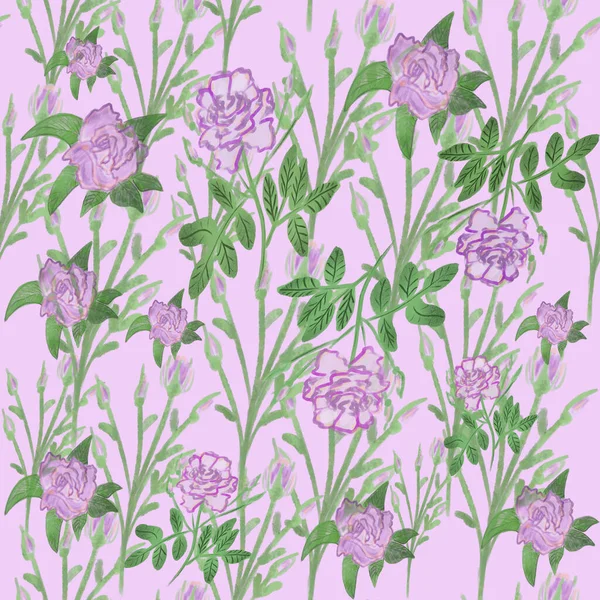 Seamless Floral Pattern Watercolor Bush Roses Rose Blossoms Pink Background — Zdjęcie stockowe