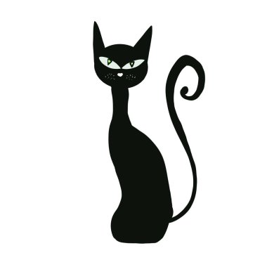 Siyah kedi beyaz arka planda izole edilmiş. Çizgi film el çizimi. Cadılar Bayramı tasarımı. Büyücülük. Sihir