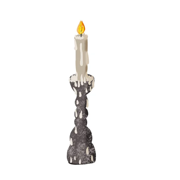 Candlestick Wax Burning Candle Isolated White Background Hand Drawing Magic — Stock Photo, Image