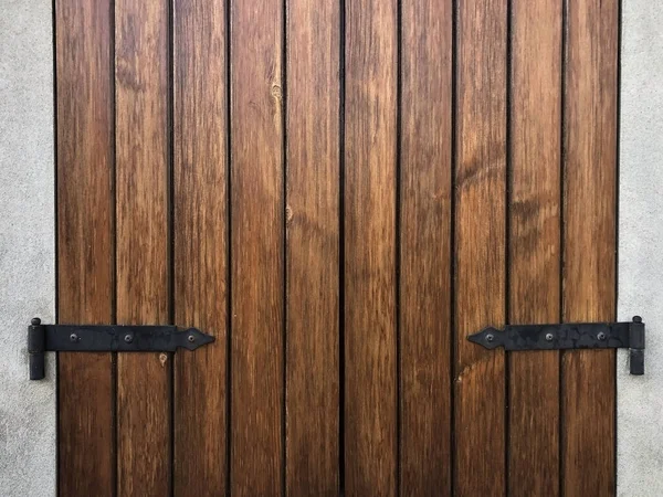 Dark Wood Plank Background Black Metal Details Closed Window Shutters — Stock Photo, Image