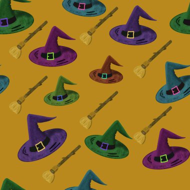 Turuncu arka planda çok renkli büyücü şapkaları ve süpürgeli süpürgeleri olan kusursuz bir desen. Büyücülük. Cadılar Bayramı baskısı Paketleme, duvar kağıdı, tekstil, kumaş tasarımı