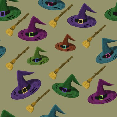 Sihirbaz şapkaları ve gri arka planda süpürge saplarıyla kusursuz bir desen. Cadılar Bayramı baskısı Duvar kağıdı, tekstil, ambalaj tasarımı. Büyücülük.