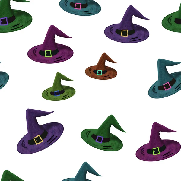 Seamless Background Multicolored Hats White Background Witch Hats Halloween Print — Stock Photo, Image