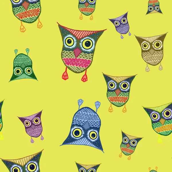Seamless pattern with hand drawing of colorful owls on yellow background. Kids design. Kids' room wallpaper, stationery, textile, fabric print
