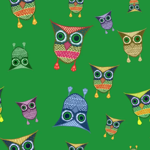 seamless pattern with cartoon colorful owls on green background. Halloween print. Kids room design. Packaging, wallpaper, textile print