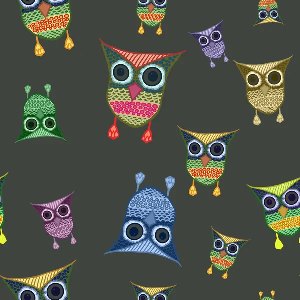 seamless pattern with multicolored cartoon owls on grey background. Halloween, kids print, stationery, packaging, wallpaper, textile, fabric design