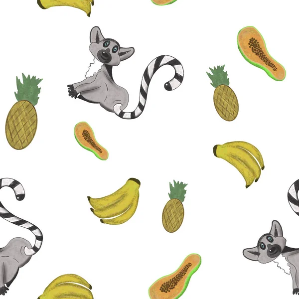 Modello Senza Cuciture Con Frutta Tropicale Lemure Sfondo Bianco Banane — Foto Stock