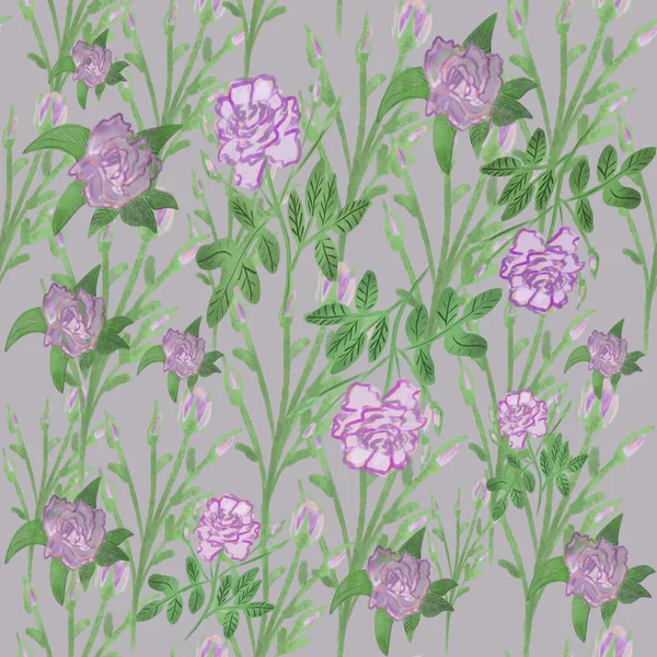 Nahtloses Muster Mit Aquarellbuschrosa Rosen Auf Grauem Hintergrund Frühling Sommer — Stockfoto