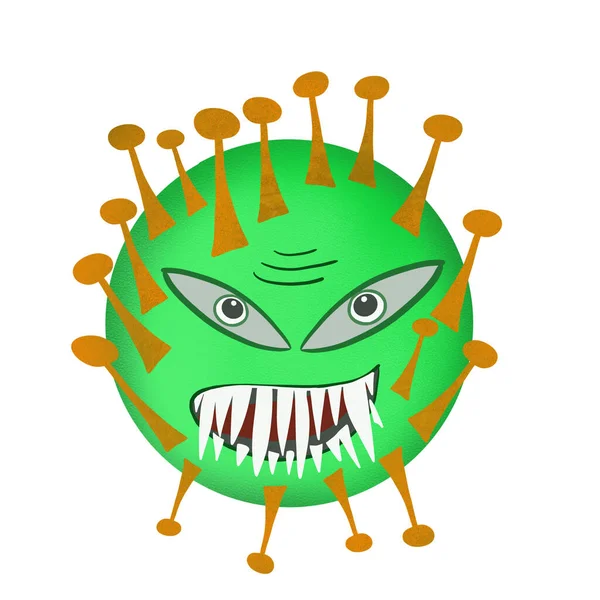 Illustration Farligt Coronavirus Med Tänder Vit Bakgrund Coronavirus Covid Grönt — Stockfoto