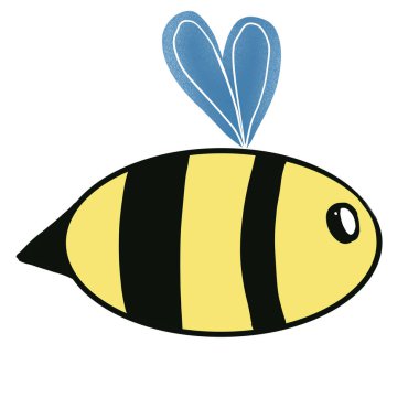 Beyazın üzerinde izole edilmiş uçan çizgi film arısı çizimi. Böcek izi. Bal logosu, ambalaj, duvar kağıdı, tekstil, kırtasiye, çocuk odası, oyuncak, kumaş tasarımı