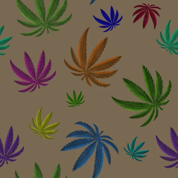 Płynny Wzór Wielobarwnymi Liśćmi Marihuany Szarym Tle Zakład Medyczny Antystresowe — Zdjęcie stockowe