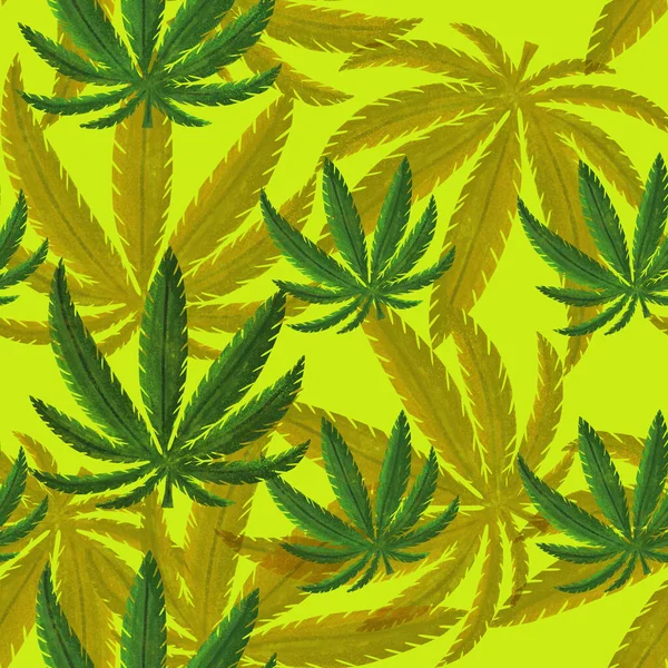 ネオングリーンの背景にマリファナの葉のシームレスなパターン 手描き 医療工場の印刷 抗ストレス ファブリックデザイン — ストック写真
