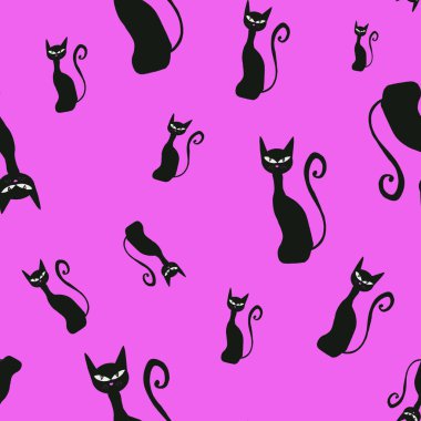 Pembe arka planda siyah kedileri olan kusursuz bir model. Cadılar Bayramı baskısı Çocuk tasarımı. Büyü, cadılık ambalajı, duvar kağıdı, tekstil baskısı.