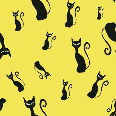 Sarı arka planda siyah kedi deseni var. Kusursuz çocuk modeli. Cadılar Bayramı baskısı Paketleme, duvar kağıdı, tekstil, kumaş tasarımı. Büyü, büyücülük