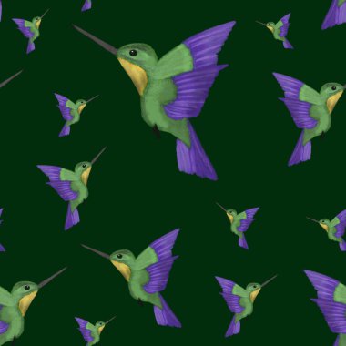 Koyu yeşil arka planda suluboya tropikal kuşlarla kusursuz desen. Kolibri / sinekkuşu. Yaz egzotik baskısı. Paketleme, duvar kağıdı, tekstil, kumaş tasarımı 