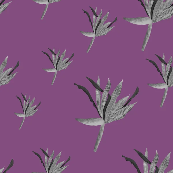 seamless pattern with grey strelitzia on violet background. Tropical flower print. Summer exotic pattern. Stationery, packaging, wallpaper, textile, fabric design