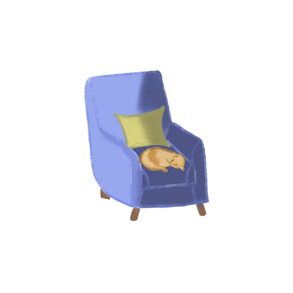 黄色の枕と白に隔離された寝猫の青い肘掛け椅子のイラスト 居心地の良いホームコンセプト ホームインテリアデザイン 室内だ 家にいて — ストック写真