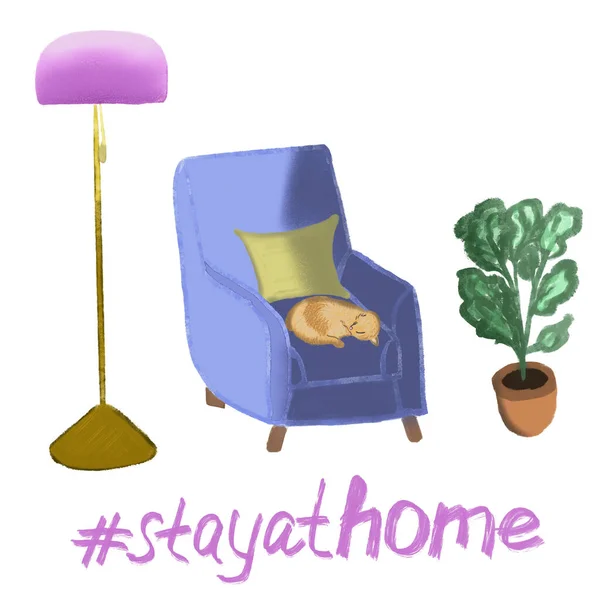 Stay Home Set Text Lettering Illustration Blue Armchair Golden Pink — Stock Photo, Image