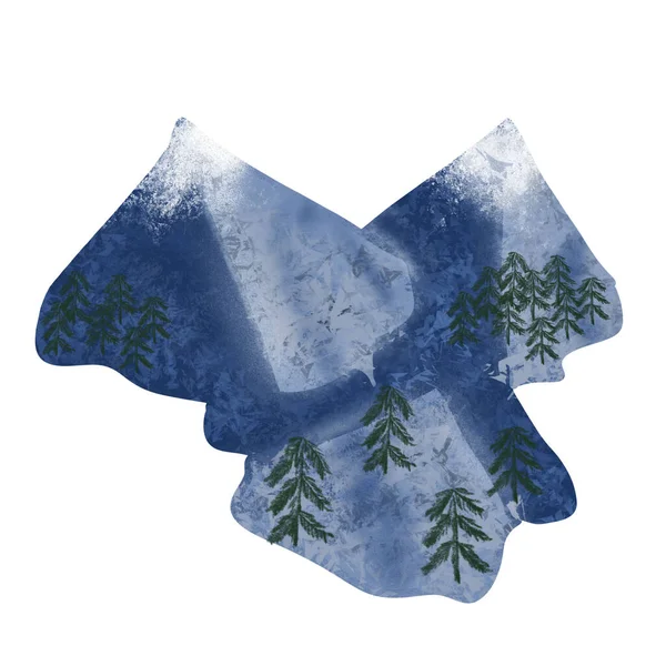 雪山风景画 绿松隔离在白色上 手绘画明信片 文具设计和印刷品 — 图库照片