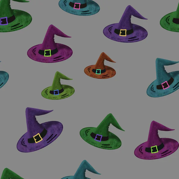 Patrón Sin Costuras Con Sombreros Brujas Colores Sobre Fondo Gris —  Fotos de Stock