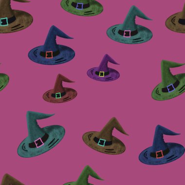 Pembe arka planda renkli cadı şapkaları olan kusursuz bir desen. Cadılar Bayramı baskısı Büyücülük tasarımı. Paketleme, duvar kağıdı, tekstil, desen. 