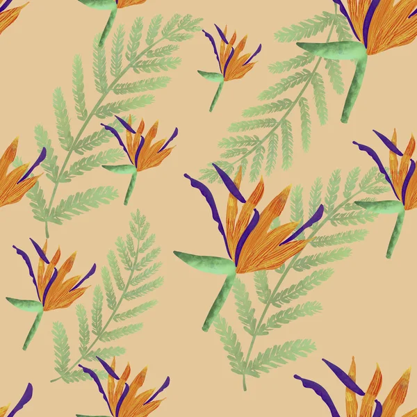 seamless pattern with orange strelitzia flowers and green ferns on orange background. Tropical plants. Packaging, wallpaper, textile design