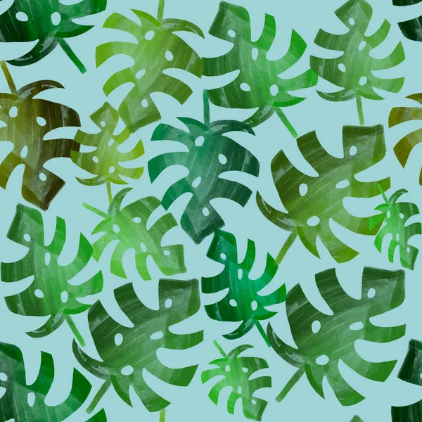 Green Monstera Leaves Blue Background Hand Drawing Summer Seamless Pattern — Stock Photo, Image